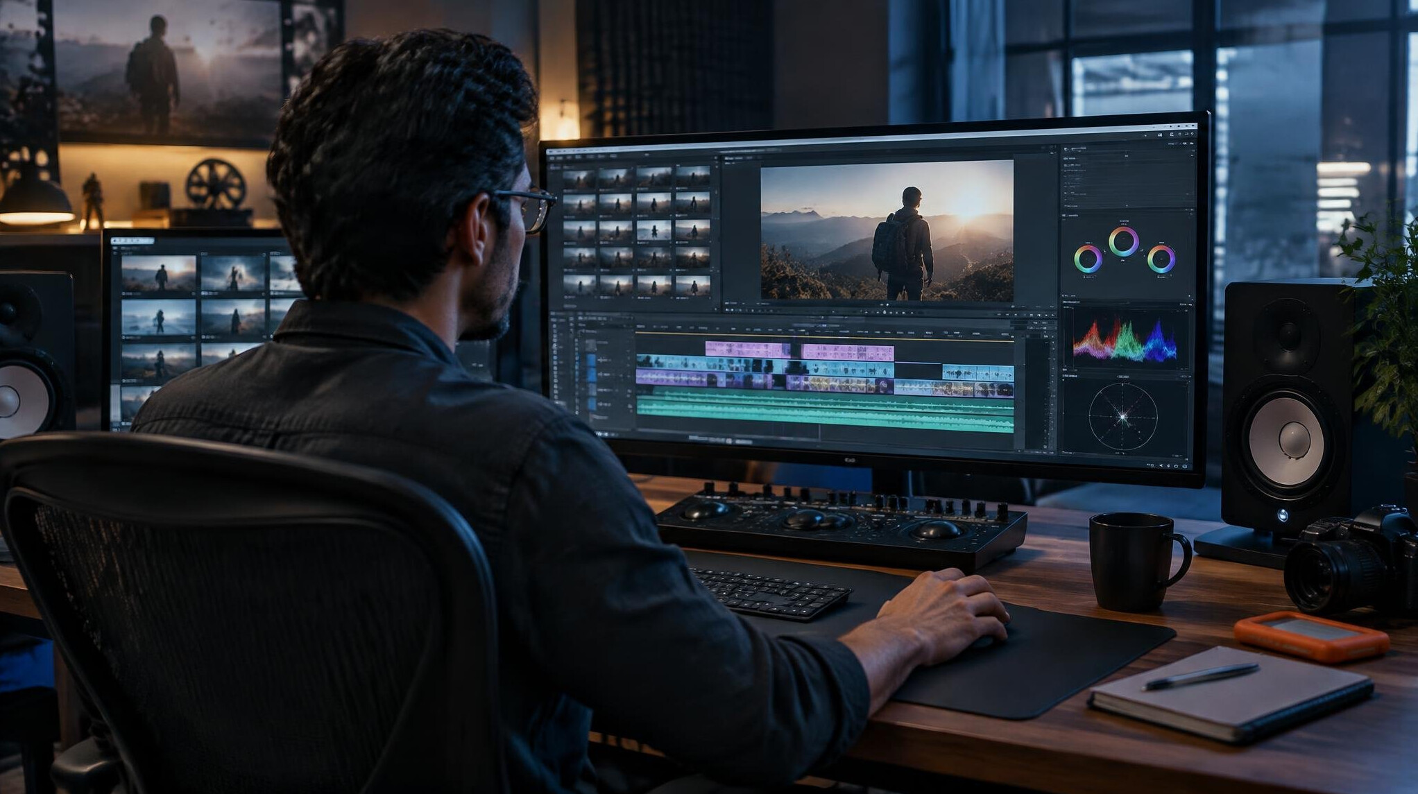 professional video editor at desk