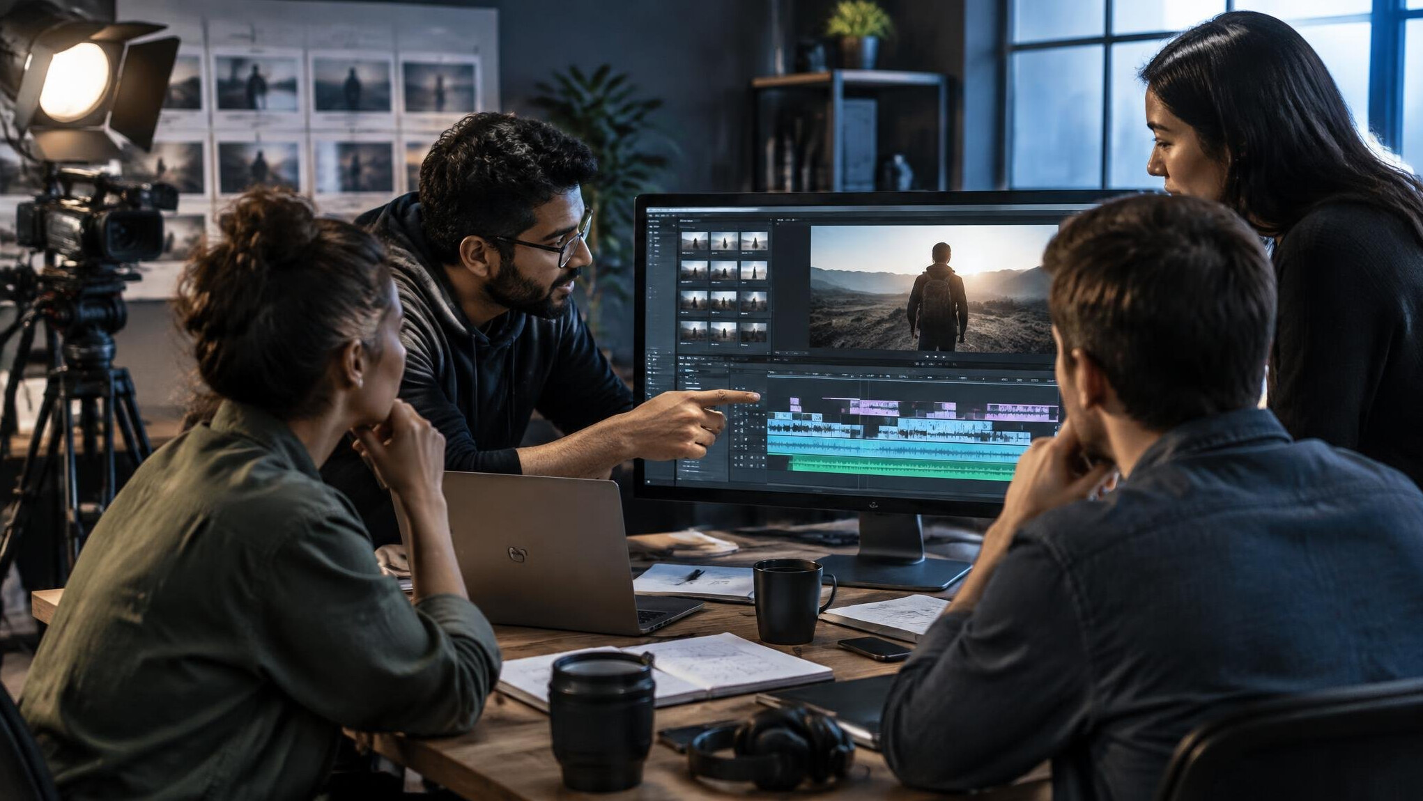 team discussing film edit