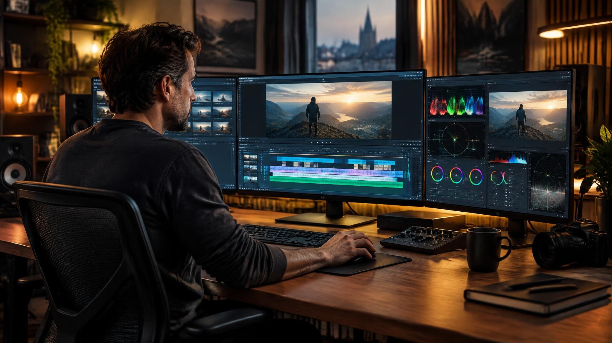 Editor de vídeo profissional a trabalhar numa mesa com vários monitores mostrando uma linha do tempo de edição