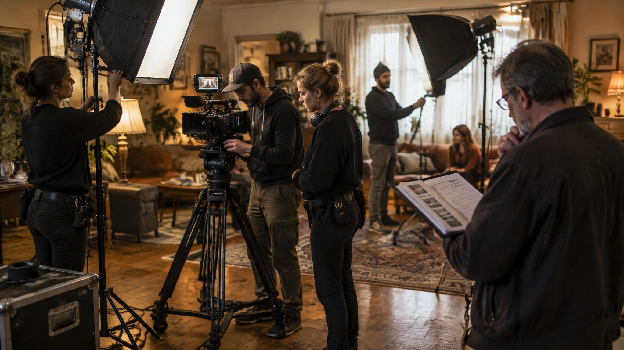 Equipa de filmagem nos bastidores a preparar câmara e luzes num set de cinema