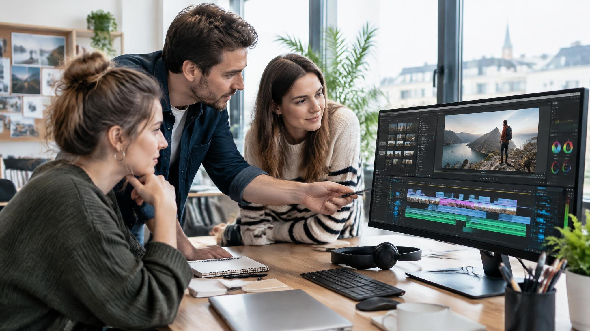 Equipa editorial reunida à volta de um monitor a revisar um projeto de vídeo