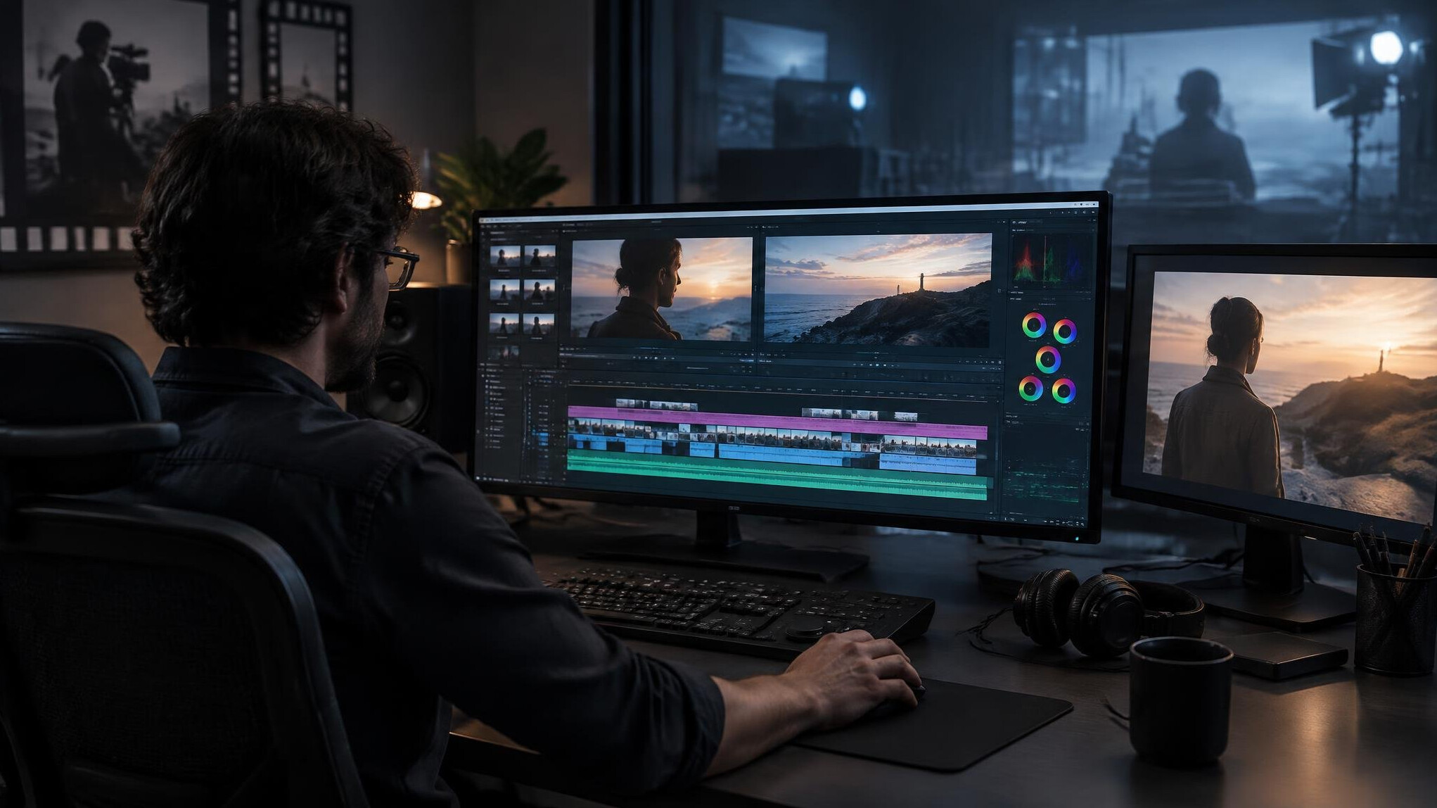 film editor at computer workstation