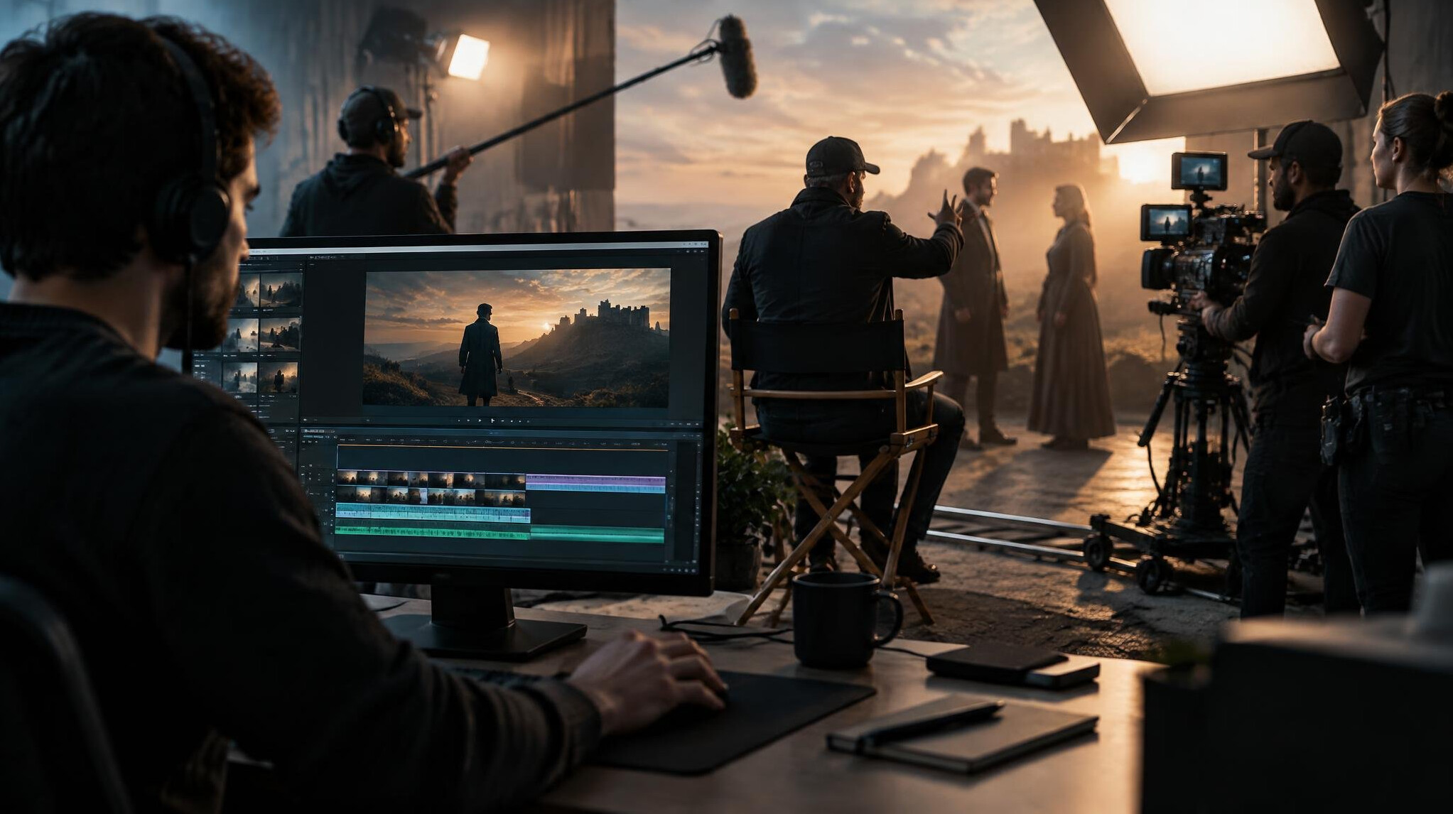 filmmaker editing video on computer